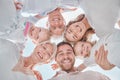 Happy cheerful caucasian family huddling together looking down while enjoying time in nature. Low angle of the faces of Royalty Free Stock Photo