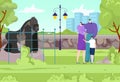 Happy cheerful family spending time in zoo, character father mother and son observe gorilla monkey animal flat vector