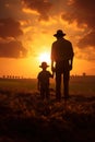 happy cheerful father with child walking by cereal field at sunset, man with daughter or son playing at summer Royalty Free Stock Photo