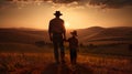 happy cheerful father with child walking by cereal field at sunset, man with daughter or son playing at summer Royalty Free Stock Photo