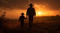 happy cheerful father with child walking by cereal field at sunset, man with daughter or son playing at summer Royalty Free Stock Photo