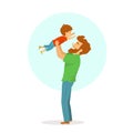 Happy cheerful father and son playing, dad lifting up his bol in the air, isolated cute cartoon vector illustration