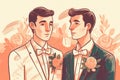 Happy cheerful gay grooms hugging on their wedding. Male gay couple surrounded with people and flowers. Homosexuality, same-sex