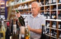 Positive grey-haired elderly man choosing wine in modern wineshop Royalty Free Stock Photo