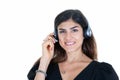 Happy cheerful happy call center consultant smiling woman with headset phone in white background Royalty Free Stock Photo