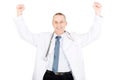 Happy cheerful male doctor with raised arms Royalty Free Stock Photo