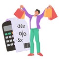 Happy cheerful man with hands full of shopping bags, illustration isolated. Royalty Free Stock Photo