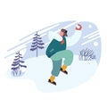 Happy Cheerful Man Playing Snowballs on Snowy Landscape Background. Wintertime Relaxing Active Spare Time