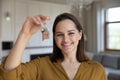 Happy cheerful real estate agent woman offering rent apartment Royalty Free Stock Photo