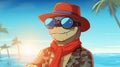 Happy cheerful turtle wearing oversized sunglasses and red hat, enjoying the blue sea backdrop