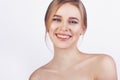 Happy cheerful young woman with perfect teeth and clean skin smile. Beautiful wide smile of young fresh blonde girl Royalty Free Stock Photo