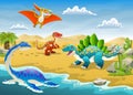 Happy and Cheerfull Cartoon Dinosaurs in Prehistoric Desert Scene Illustration