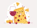 Happy cheese, cherries and red wine isolated on white background. 2d illustration for bars and sampling. Flat figuration