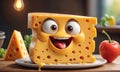 A happy cheese wedge smiles with its tongue sticking out, sitting on a white plate with another cheese wedge and a red