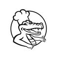 Happy Chef Alligator Gator or Crocodile Wearing Chef Hat Circle Mascot Retro Black and White