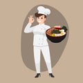 Happy chef cartoon portrait of young big guy cook wearing hat and chef uniform hold bowl of ramen and do thumb up sign gesture. Ma