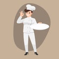 Happy chef cartoon portrait of young big guy cook wearing hat and chef uniform hold empty dish and do OK sign gesture and show to