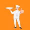 Happy chef cartoon portrait of young big guy cook wearing hat and chef uniform hold empty dish and do thumb up sign gesture and sh