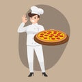 Happy chef cartoon portrait of young woman cook wearing hat and chef uniform hold pizza plate and do OK sign gesture and show to c Royalty Free Stock Photo