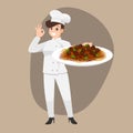 Happy chef cartoon portrait of young woman cook wearing hat and chef uniform hold spaghetti dish and do OK sign gesture and show t