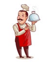 Happy chef. Cook with tray, cloche in hand. Cooking, restaurant concept. Cartoon vector illustration