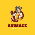 Happy chef cow seasoning sausage grill logo design concept