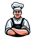 Happy Chef in hat emblem. Cook in kitchen apron symbol. Cooking, restaurant concept. Vector illustration Royalty Free Stock Photo