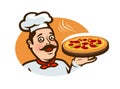 Happy chef holding a pizza tray. Logo or label, cartoon vector illustration Royalty Free Stock Photo