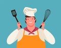 Happy chef with kitchen tools in his hands. Cooking, vector illustration