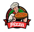 Happy chef with pizza in hand. Pizzeria logo or label. Cartoon vector illustration Royalty Free Stock Photo