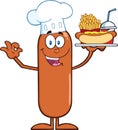 Happy Chef Sausage Cartoon Character Carrying A Hot Dog, French Fries And Cola