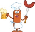 Happy Chef Sausage Cartoon Character Holding A Beer And Weenie On A Fork