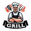 Happy Chef in workwear with fork and spatula for cooking and serving barbecue. Grill cook wearing grilling apron emblem