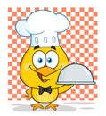 Happy Chef Yellow Chick Cartoon Character Holding A Cloche Platter Holding A Platter Over Checkers