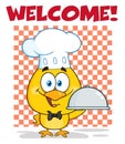 Happy Chef Yellow Chick Cartoon Character Holding A Cloche Platter Under Welcome
