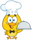 Happy Chef Yellow Chick Cartoon Character Holding A Cloche Platter