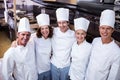 Happy chefs team standing together in commercial kitchen