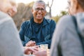 Happy, chess or couple of friends in nature playing a board game, bonding or talking about a funny story. Park, support Royalty Free Stock Photo