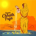 Happy chhath puja illustration indian lady worship sun at river ghaat