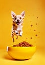 Happy chihuahua jumping into a yellow bowl full of little kibbles. Kibbles flying on a yellow background