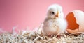 Happy chick celebrates Easter. Fluffy chicks next to eggshell on straw.