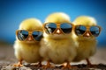 Happy chick Yellow poultry wearing sunglasses, small baby bird in spring