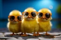 Happy chick Yellow poultry wearing sunglasses, small baby bird in spring