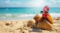 Happy chicken portrait on beach vacation. Ai Generated Royalty Free Stock Photo