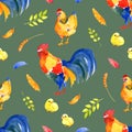 Happy chicken seamless pattern. Farm Animals, Rooster, Hen, Bio Eggs, Coop, Chicks, Nest, Eco Village. Isolated elements