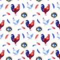 Happy chicken seamless pattern. Farm Animals, Rooster, Hen, Bio Eggs, Coop, Chicks, Nest, Eco Village. Isolated elements