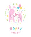 Happy Child Banner Template, Pink Mother and Kid Bunnies with Balloons, Cute Childish Poster, Greeting or Invitation