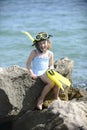Happy child on the beach with snorkel
