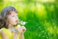 Happy child blowing dandelion flower outdoors Royalty Free Stock Photo