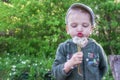 Happy child blowing dandelion making a wish outdoors in spring park. Blond caucasian boy resting in the country Royalty Free Stock Photo